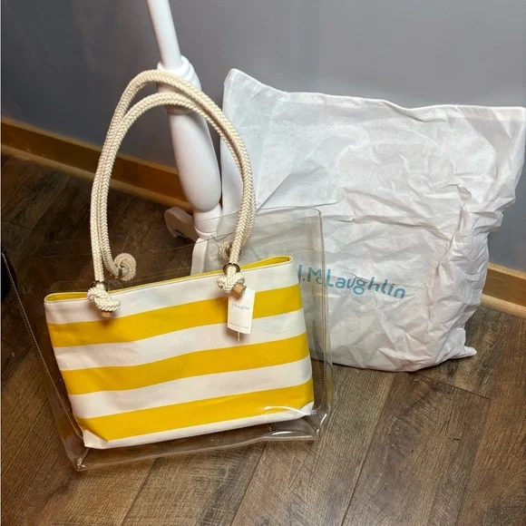 NWT J.McLaughlin Harper Clear Yellow Stripe Tote Stadium Beach Bag Rope - Picture 11 of 12